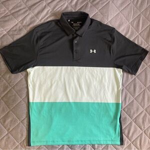 Under Armour Playoff Polo Men’s Large Black Green Loose Fit HeatGear Golf Shirt